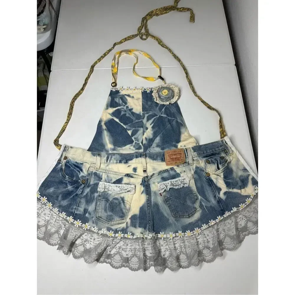 Handmade Vintage Apron Denim Lace Size Adult Levi’s Tie Dye